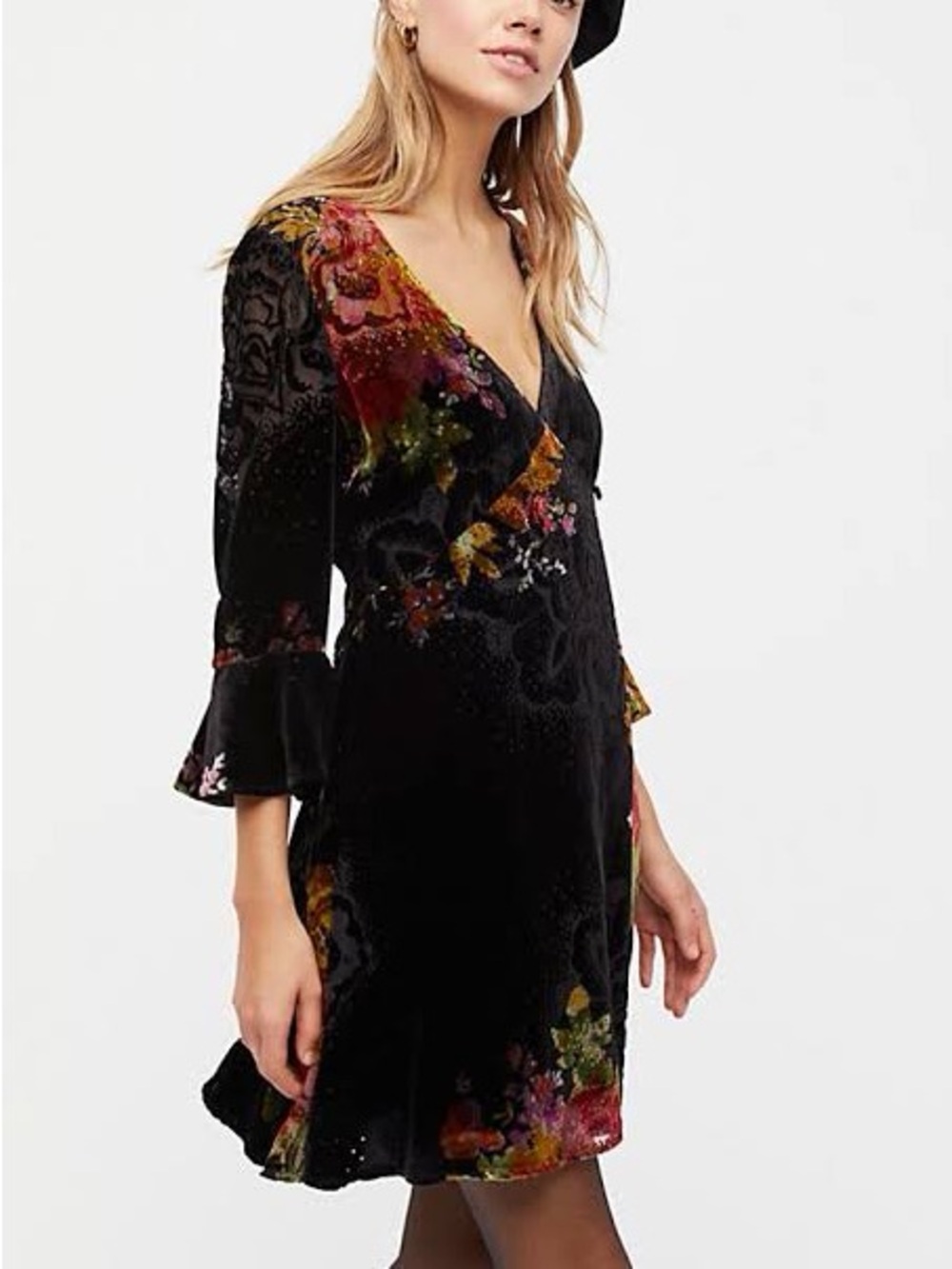 Free People Black Velvet Floral Time on Your Side Mini Wrap Dress